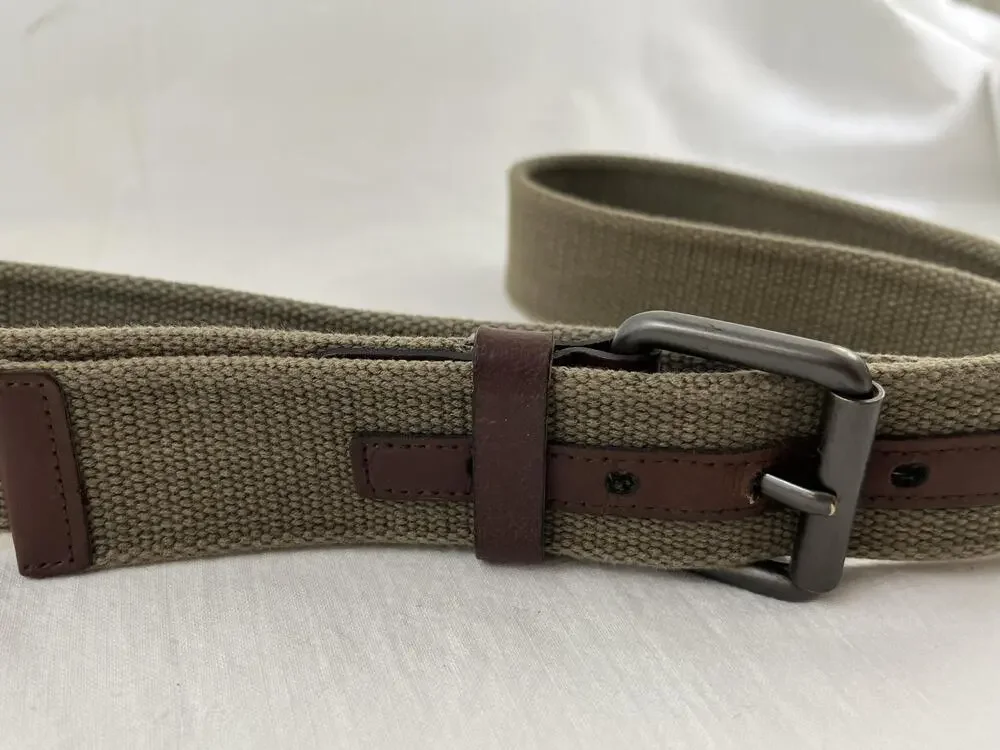 Cotton Leather Belt 40 Brown Trim Military Style Buckle Army Green Beige Webbed